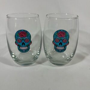 SUGAR SKULL DAY OF THE DAY‎ HALLOWEEN 5” STEMLESS WINE GLASSES SET 2 BLUE PREOWN